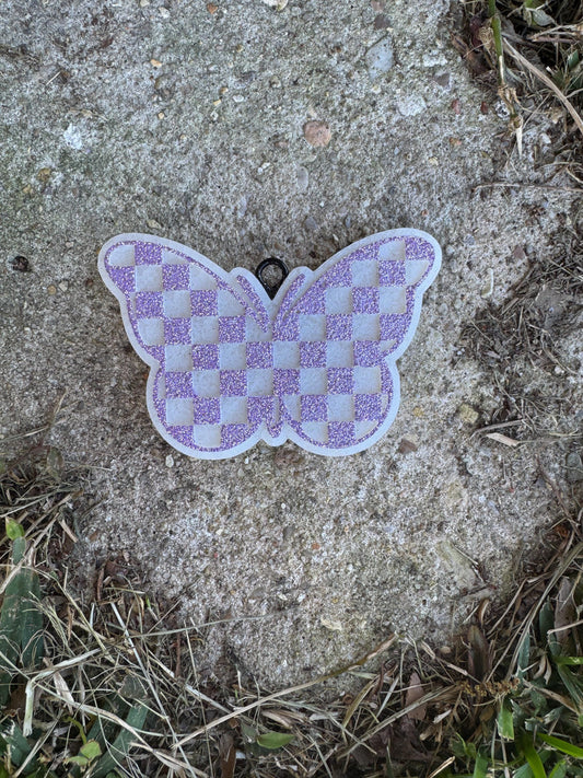 Checkered Butterfly Car Freshie   | Car Freshie | Car Freshy | Air Freshener | Gift | Gllitter | Purple